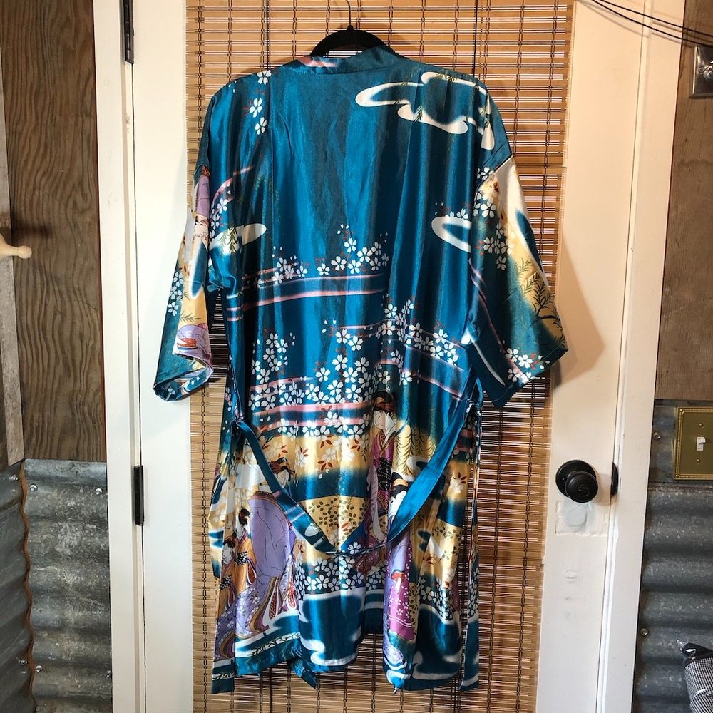 Silky Teal Floral Kimono Robe - Women Intimates & Sleepwear - Picture 8 of 11